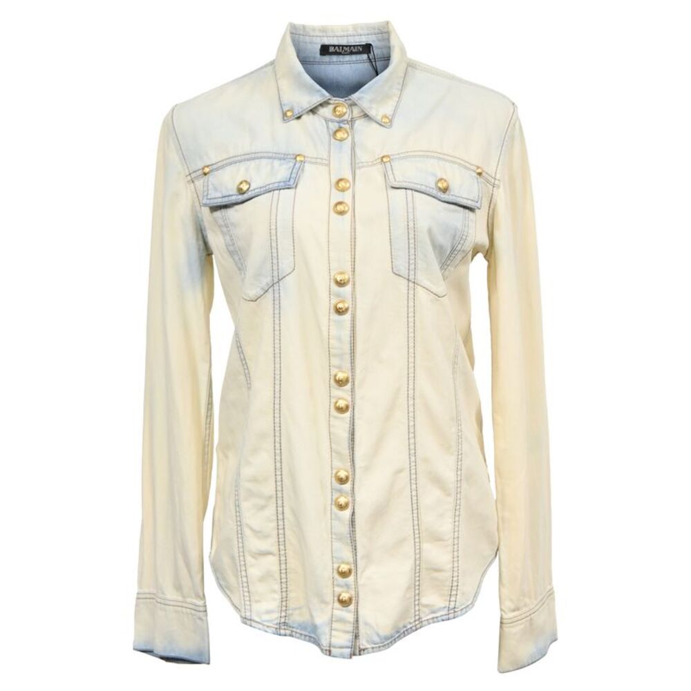 Balmain Bleached Denim Shirt in Light Blue Cotton